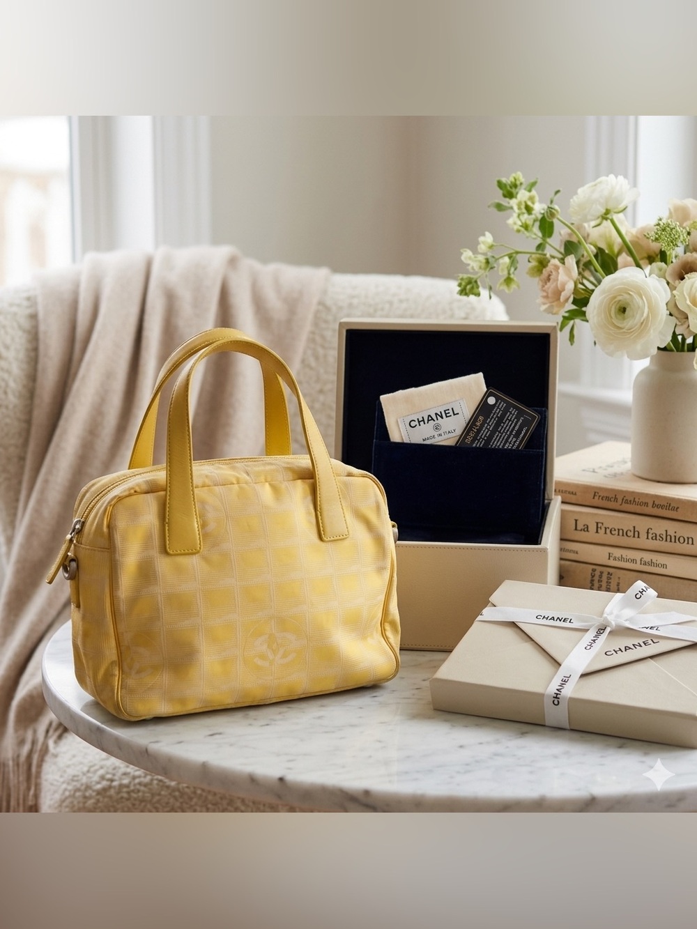 Auth CHANEL New Travel Line 2-Way Satchel Bag Yellow Nylon Silver HW Collectible